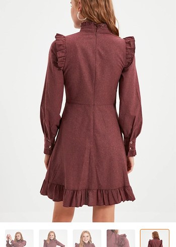 Bordo Süet Midi Elbise, Fırfırlı, Yüksek Yaka - Görsel 3