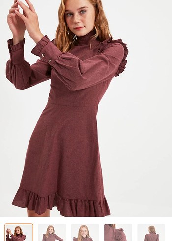 Bordo Süet Midi Elbise, Fırfırlı, Yüksek Yaka - Görsel 2