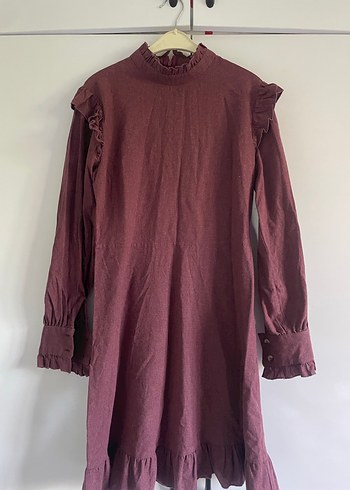 Bordo Süet Midi Elbise, Fırfırlı, Yüksek Yaka - Görsel 6