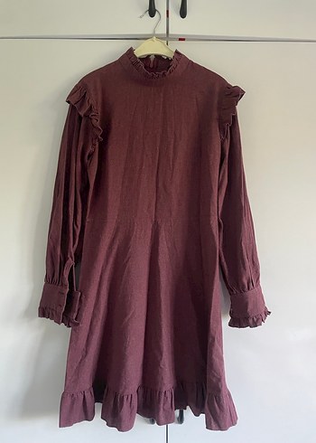 Bordo Süet Midi Elbise, Fırfırlı, Yüksek Yaka - Görsel 7