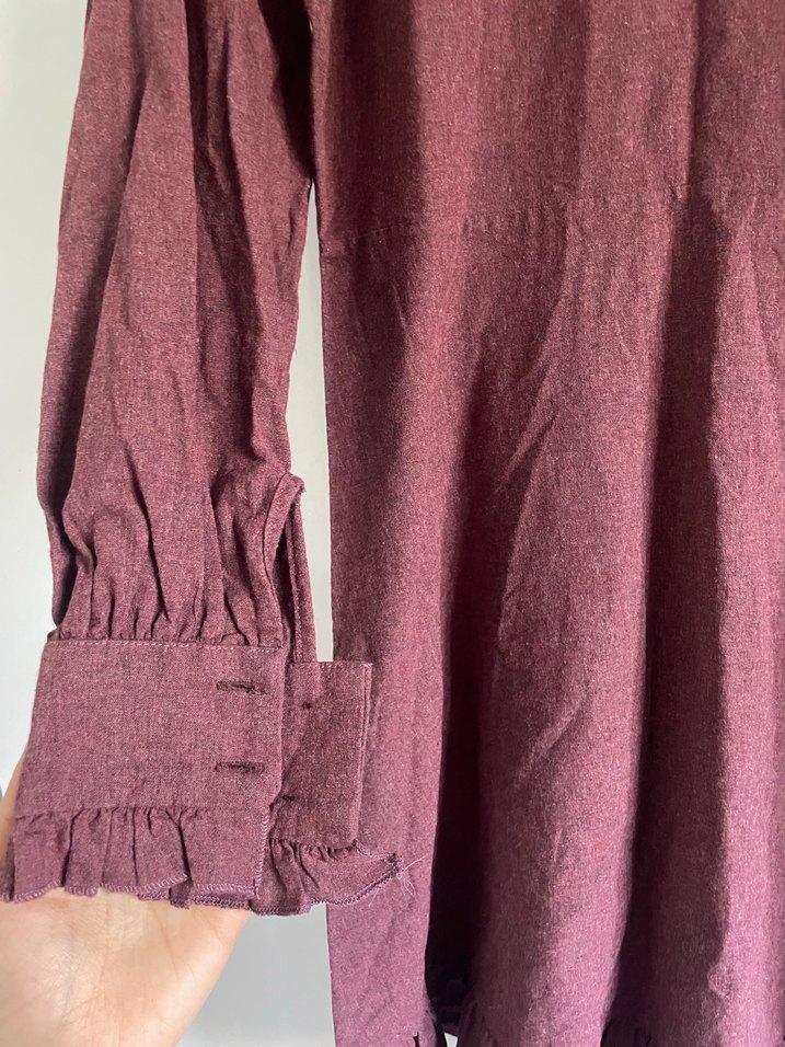 Bordo Süet Midi Elbise, Fırfırlı, Yüksek Yaka - Görsel 5