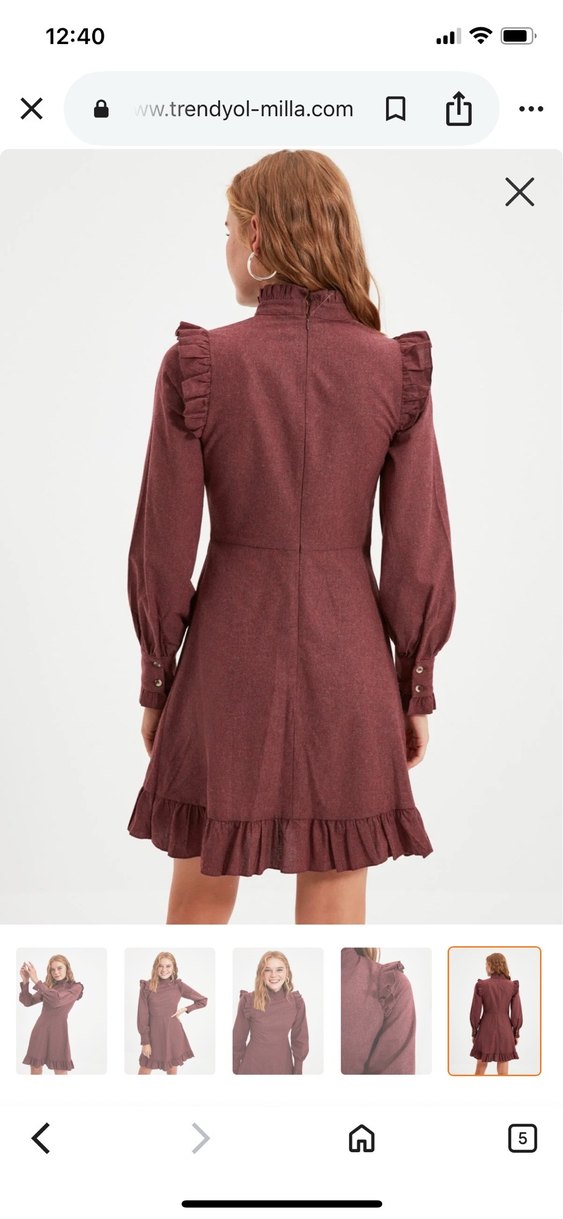 Bordo Süet Midi Elbise, Fırfırlı, Yüksek Yaka - Görsel 3