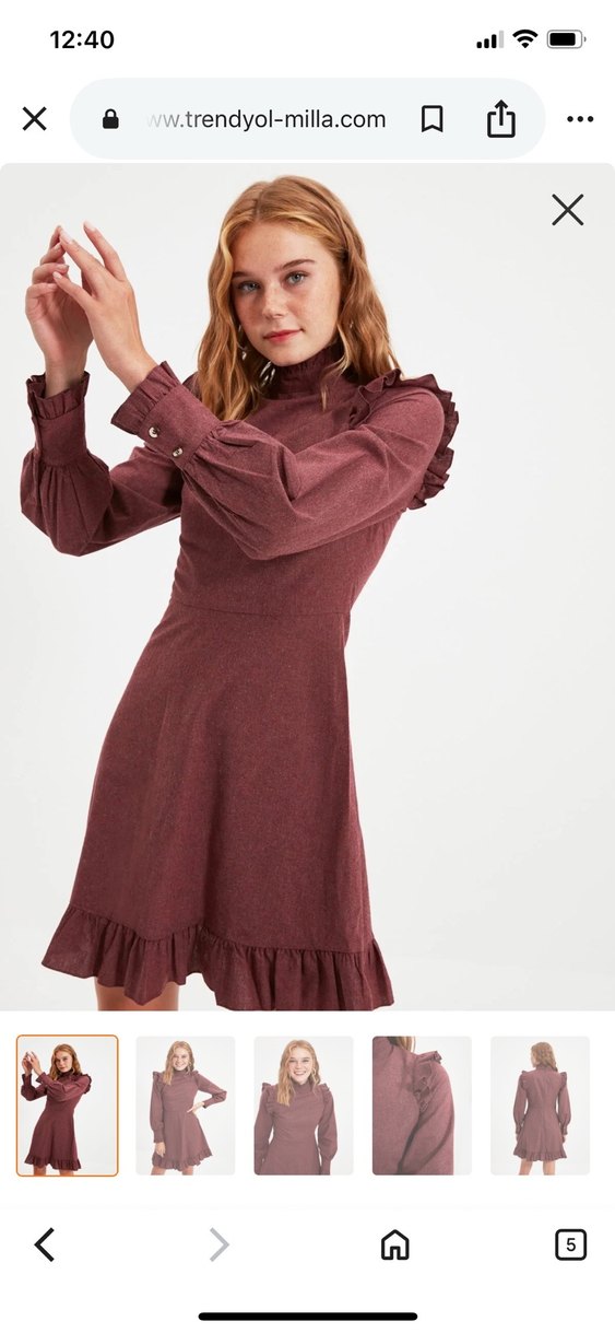 Bordo Süet Midi Elbise, Fırfırlı, Yüksek Yaka - Görsel 2