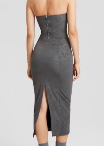 Gri Straplez Uzun Denim Elbise - Görsel 7