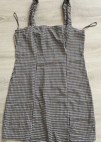 Kareli V Yaka Mini Elbise - Görsel 4