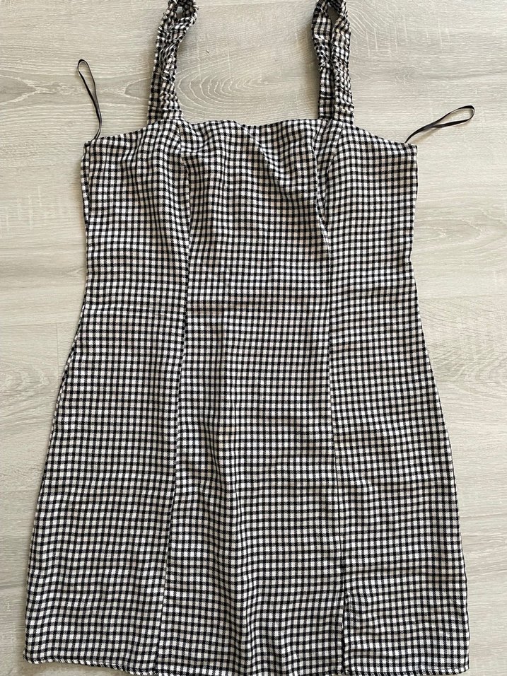 Kareli V Yaka Mini Elbise - Görsel 4