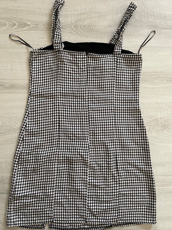 Kareli V Yaka Mini Elbise - Görsel 3