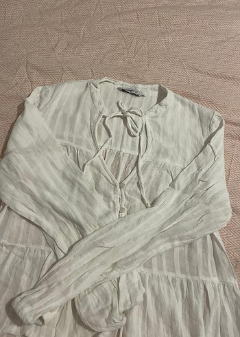 Stradivarius Bohem Tarz Gri Keten V Yakalı Kadın Gömlek