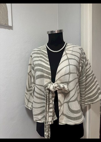 Gri Kısa Zebra Desenli Keten Kimono - Görsel 2