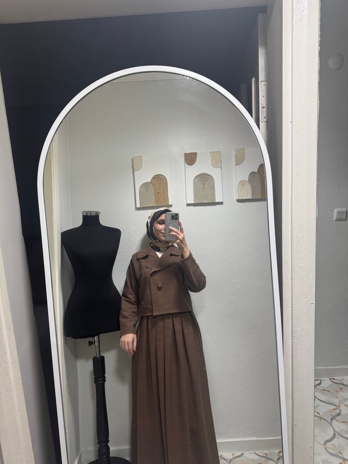 Tesettür Kahverengi Uzun Kadın Takım Elbise - Görsel 2