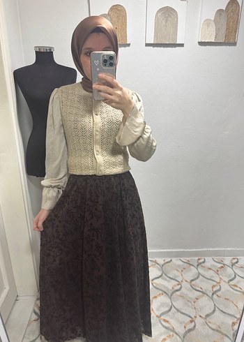 Flok baskı kahverengi etek - Görsel 4