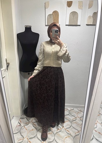 Flok baskı kahverengi etek - Görsel 5