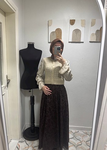 Flok baskı kahverengi etek - Görsel 7