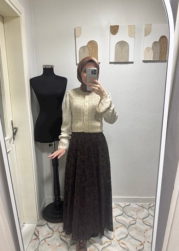 Flok baskı kahverengi etek - Görsel 2