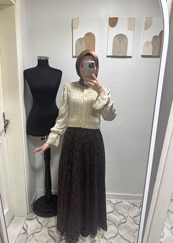 Flok baskı kahverengi etek - Görsel 6