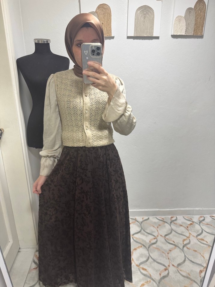 Flok baskı kahverengi etek - Görsel 4