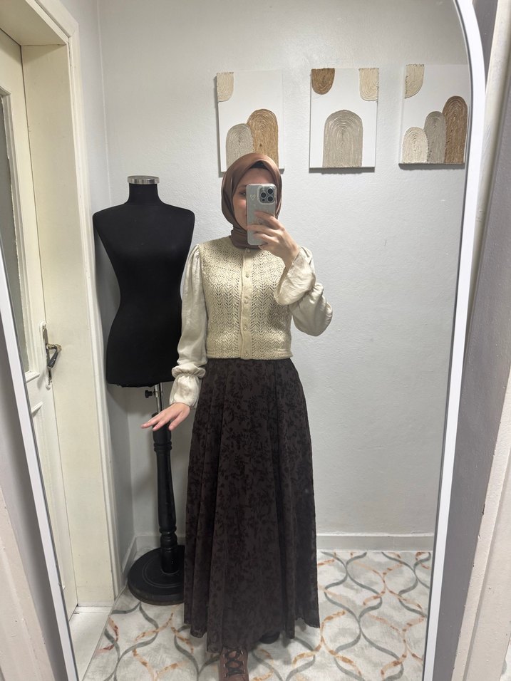 Flok baskı kahverengi etek - Görsel 2