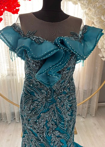 Turkuaz Drapeli Straplez Uzun Abiye Elbise - Görsel 12