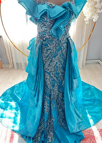 Turkuaz Drapeli Straplez Uzun Abiye Elbise - Görsel 3