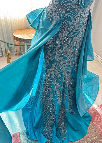 Turkuaz Drapeli Straplez Uzun Abiye Elbise - Görsel 6