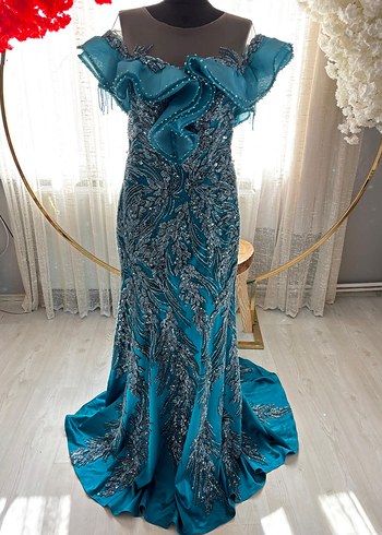 Turkuaz Drapeli Straplez Uzun Abiye Elbise - Görsel 11