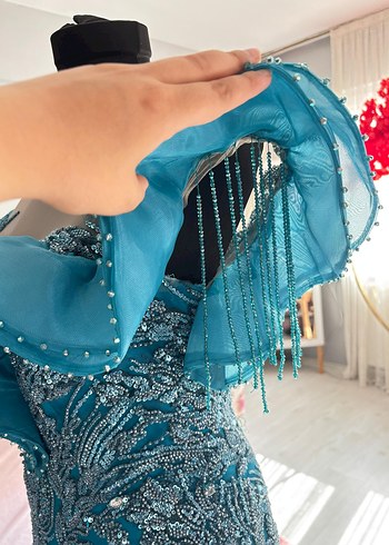 Turkuaz Drapeli Straplez Uzun Abiye Elbise - Görsel 8