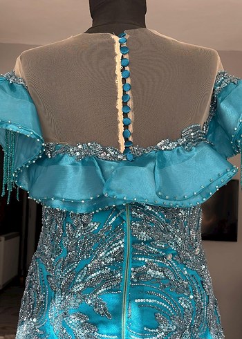 Turkuaz Drapeli Straplez Uzun Abiye Elbise - Görsel 14