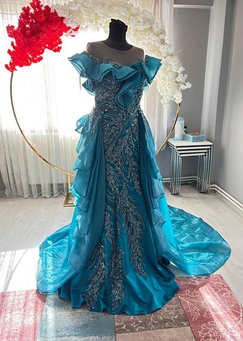 Turkuaz Drapeli Straplez Uzun Abiye Elbise - Görsel 2