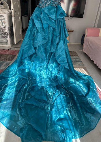 Turkuaz Drapeli Straplez Uzun Abiye Elbise - Görsel 7