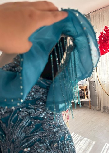 Turkuaz Drapeli Straplez Uzun Abiye Elbise - Görsel 9