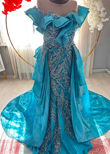 Turkuaz Drapeli Straplez Uzun Abiye Elbise - Görsel 4