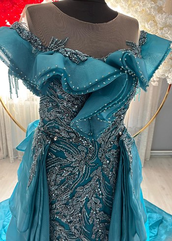 Turkuaz Drapeli Straplez Uzun Abiye Elbise - Görsel 5