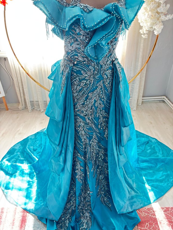 Turkuaz Drapeli Straplez Uzun Abiye Elbise - Görsel 3