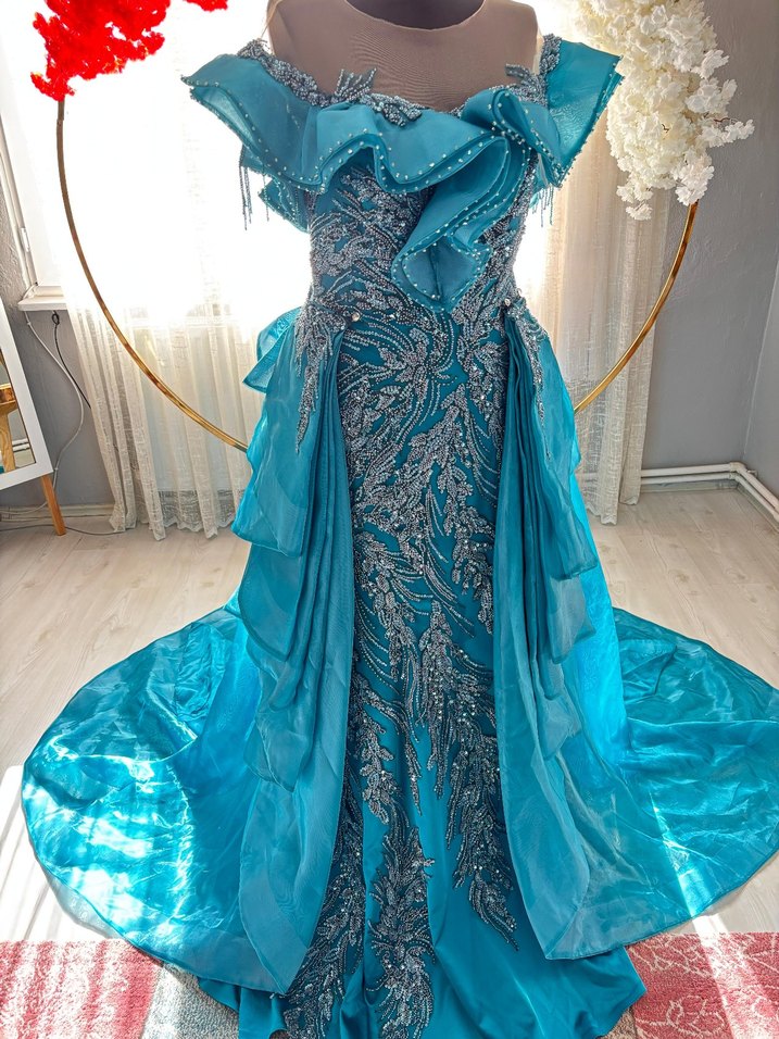 Turkuaz Drapeli Straplez Uzun Abiye Elbise - Görsel 4