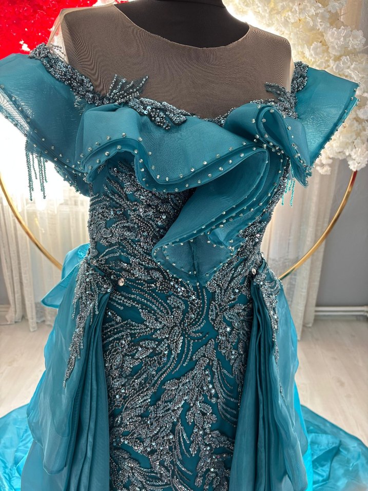 Turkuaz Drapeli Straplez Uzun Abiye Elbise - Görsel 5