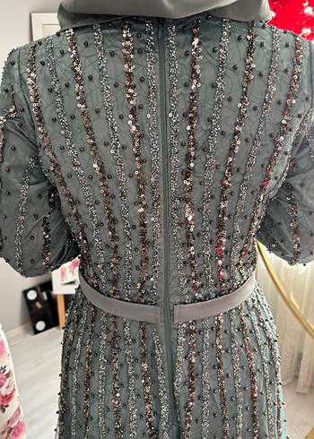 Su yeşili Nakışlı Uzun Kollu Abiye Elbise - Görsel 3