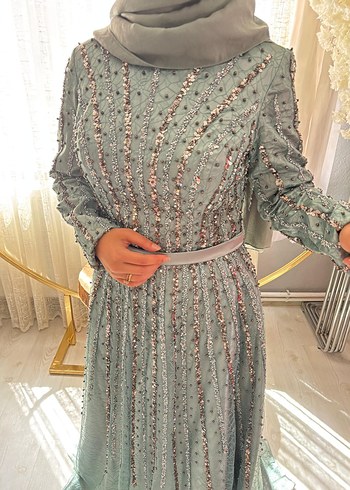 Su yeşili Nakışlı Uzun Kollu Abiye Elbise - Görsel 4