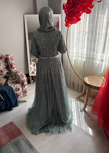 Su yeşili Nakışlı Uzun Kollu Abiye Elbise - Görsel 2