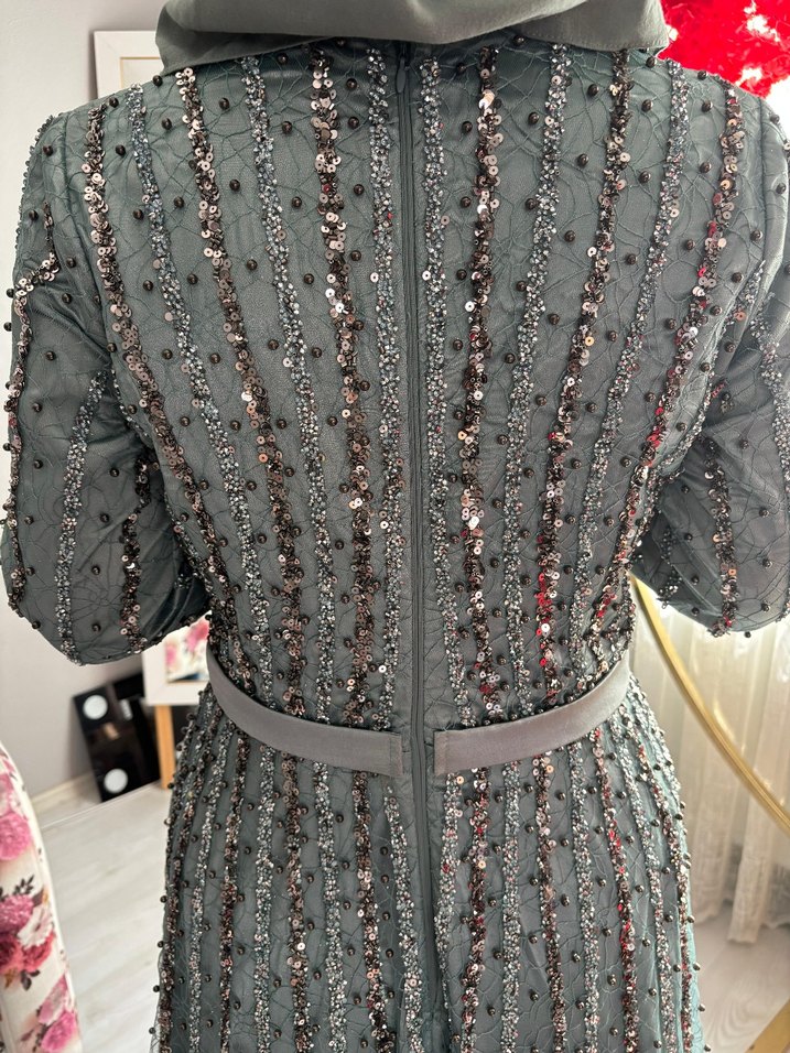 Su yeşili Nakışlı Uzun Kollu Abiye Elbise - Görsel 3