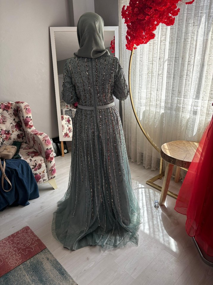 Su yeşili Nakışlı Uzun Kollu Abiye Elbise - Görsel 2