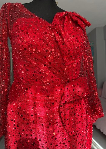 Uzun Kollu Kırmızı Drapeli Abiye Elbise - Görsel 2