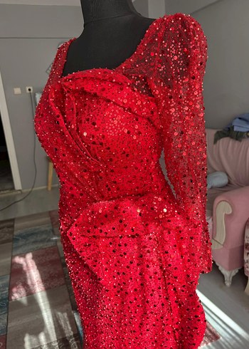 Uzun Kollu Kırmızı Drapeli Abiye Elbise - Görsel 5