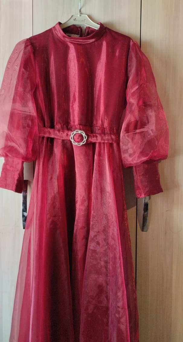 Bordo Vintage Uzun Drapeli Kadın Elbise - Görsel 2