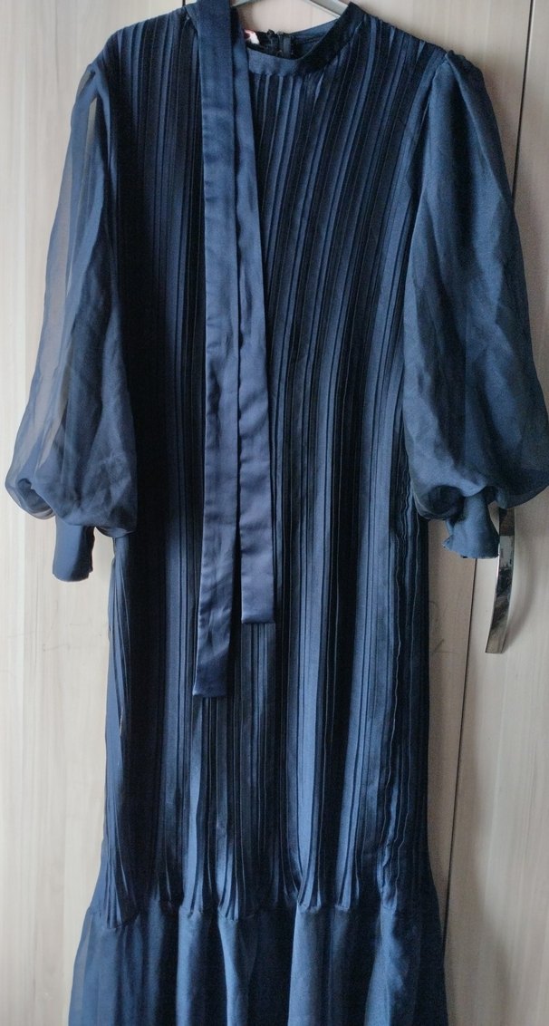 Lacivert Piliseli Uzun Elbise - Görsel 2