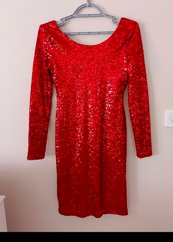 Kırmızı Parlak V Yakalı Midi Abiye Elbise - Görsel 2