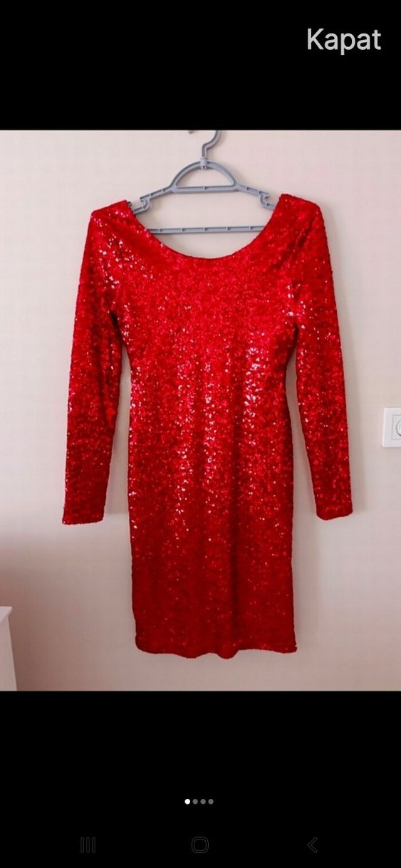 Kırmızı Parlak V Yakalı Midi Abiye Elbise - Görsel 2