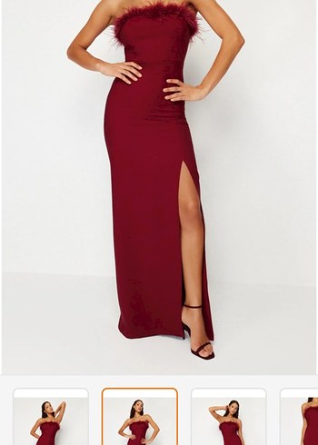 Bordo Uzun Göğüs Tüylü Straplez Elbise - Görsel 2