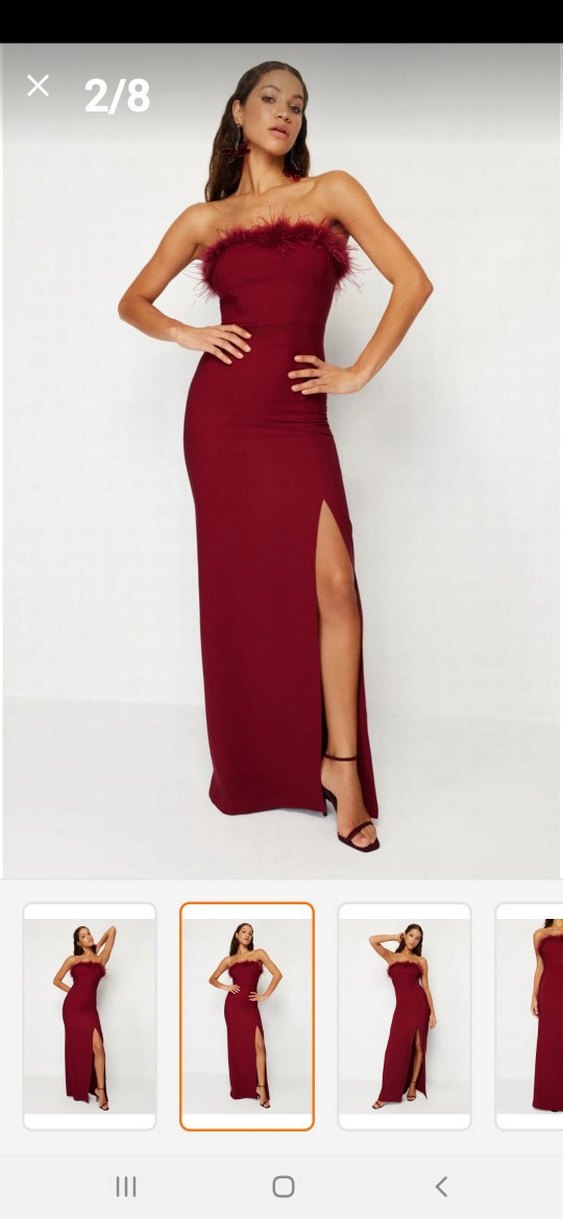 Bordo Uzun Göğüs Tüylü Straplez Elbise - Görsel 2