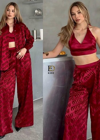 Bordo Saten Tie-Dye Uzun Kadın Takım