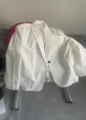 Düğmeli Beyaz Kadın Keten Blazer Ceket standart beden